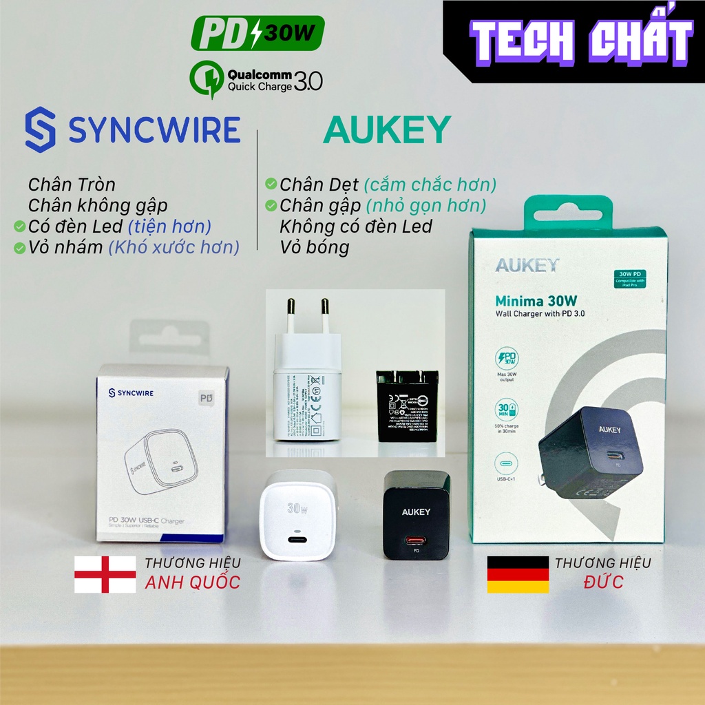 Củ sạc nhanh 30W GAN chính hãng AUKEY PA-Y30S cực nhỏ gọn cho iphone 6 7 8 se x xr xs 11 12 13 14 plus pro max tech chất