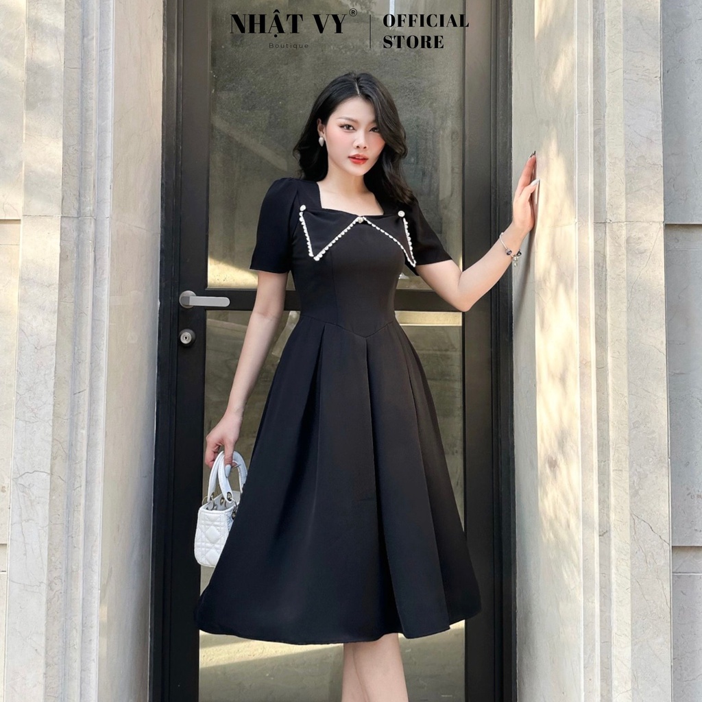 Đầm dự tiệc Nhật Vy xếp ly cổ viền ren cách điệu đính cúc dáng xoè chất thun phù hợp đi chơi dạo phố sang chảnh - D2650