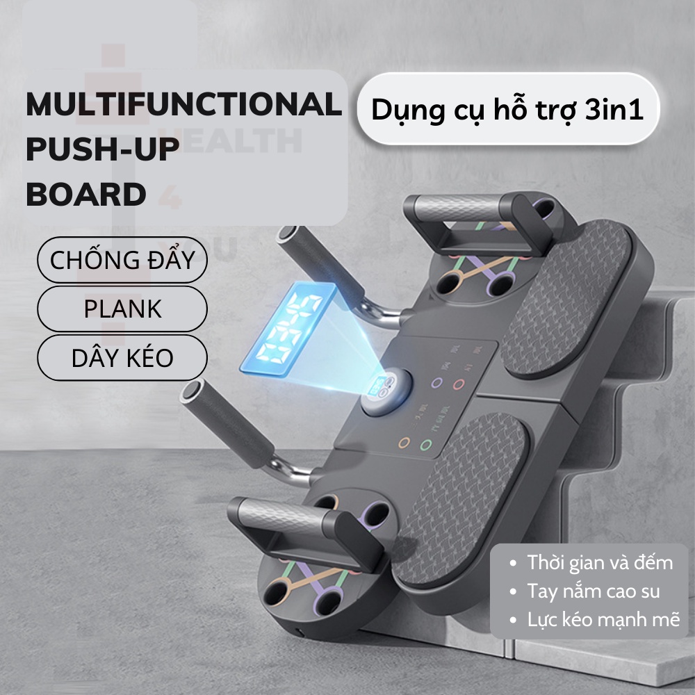 Dụng Cụ Plank 3 Trong 1 Hít Đất, Squat, Tập Bụng, Bảng Tập Chống Đẩy Có Dây Kháng Lực Tích Hợp Đồng Hồ Thông Minh