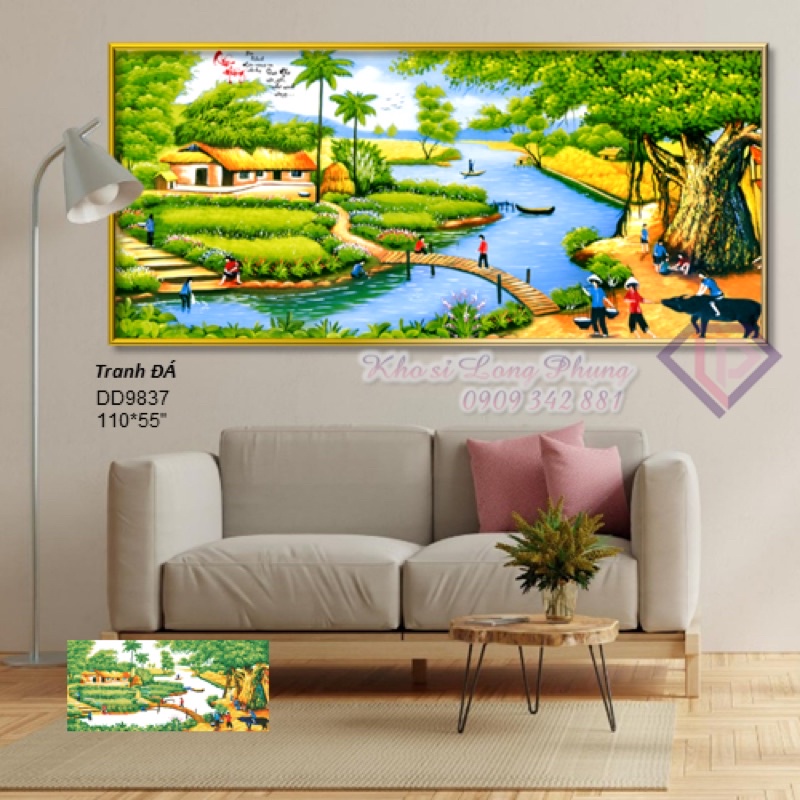 Tranh đính đá Làng quê việt nam D9837 ,tranh thêu chữ thập dv6634 92x47 chưa đính