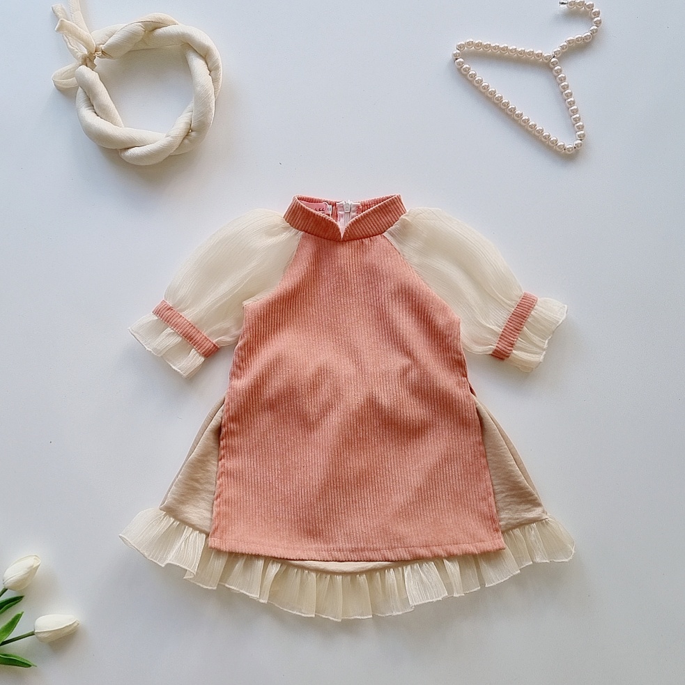 Bộ Áo Dài Cách Tân Màu Hồng Chất Liệu Nhung Tăm Kèm Mấn Cài Đầu Cho Bé Gái (5-18kg)