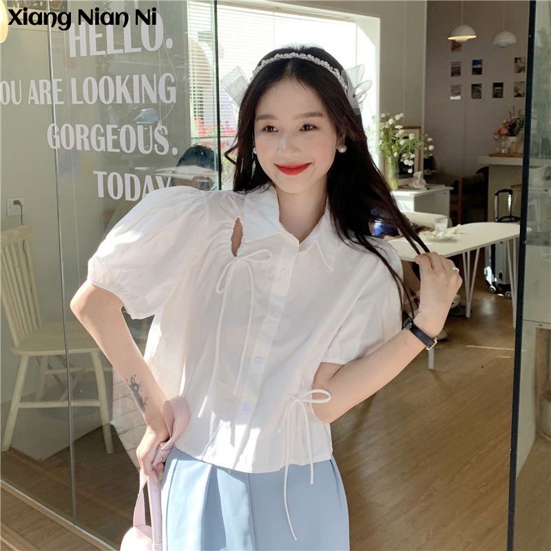 Xiang Nian Ni Áo Sơ Mi Tay Phồng Ngắn Phối Dây Rút Và Nơ Thiết Kế Mới Mùa Hè 2023 Dễ Phối Đồ Cho Nữ