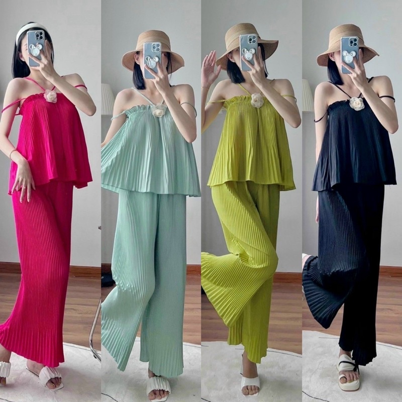 Set áo yếm dập ly 4 dây kèm quần ống loe đi chơi, đi biển freesize