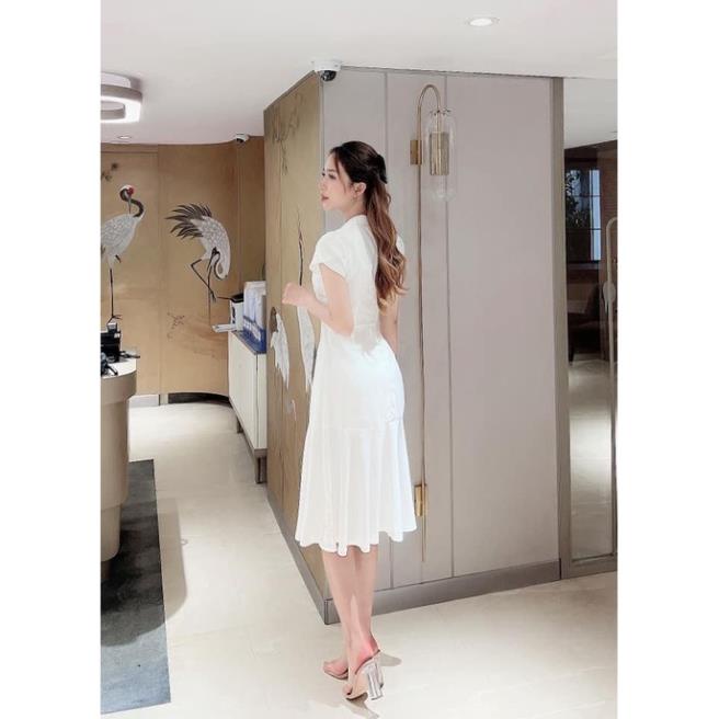 Đầm Xoè Trắng Cổ Vest Thanh Lịch, Váy Đầm Công Sở Tay Ngắn Dáng Xòe Phù Hợp Đi Tiệc, Đi Chơi, Đi Làm - ĐXV11