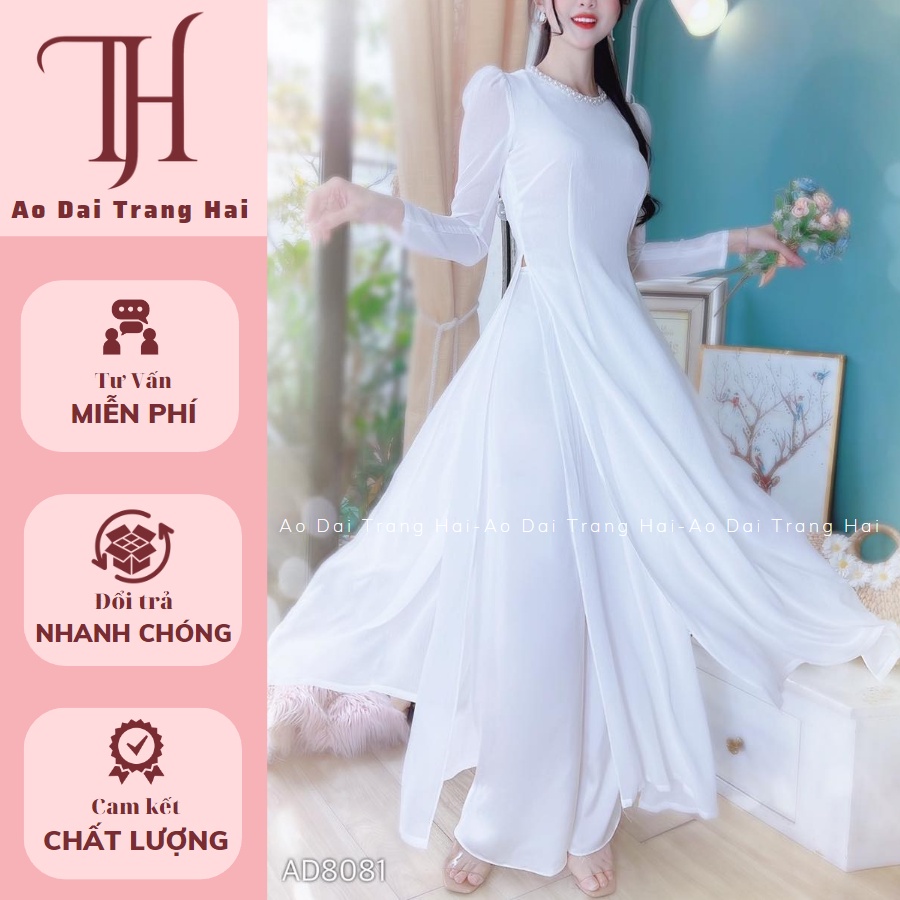 Áo dài học sinh, chifon 4 tà cổ tròn đính hạt ngọc, tay dài bồng
