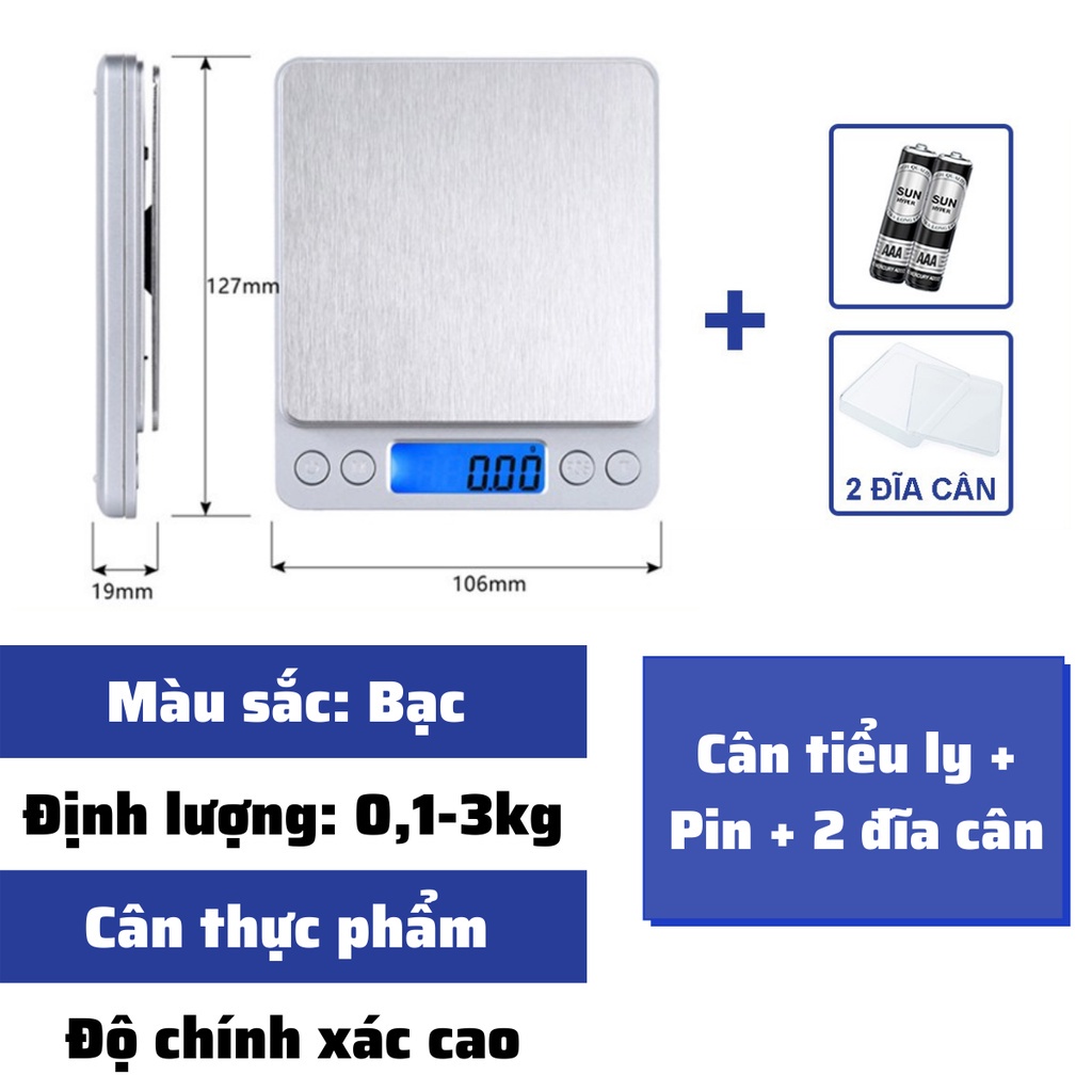 Cân tiểu ly điện tử nhà bếp mini định lượng  làm bánh độ chính xác cao kèm 2 viên pin AAA