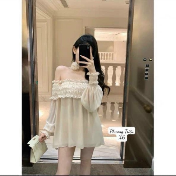 [ Có quà tặng cột tóc]                                      Áo trễ bẹt vai  nữ, áo tay dài kiểu 2 lớp kèm hoa cổ   VD965 | BigBuy360 - bigbuy360.vn