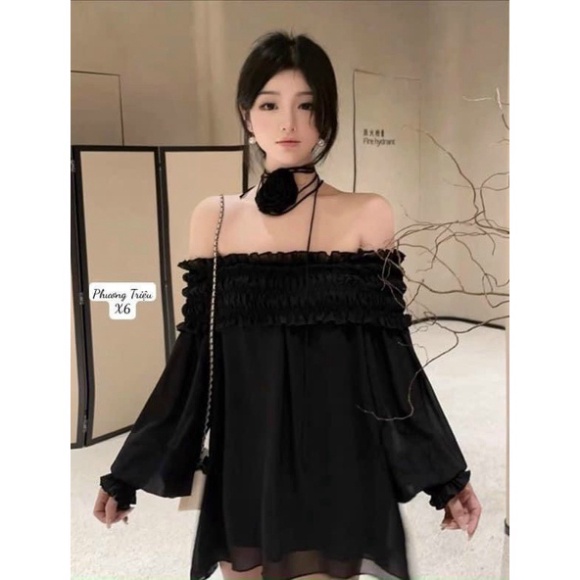 [ Có quà tặng cột tóc]                                      Áo trễ bẹt vai  nữ, áo tay dài kiểu 2 lớp kèm hoa cổ   VD965 | BigBuy360 - bigbuy360.vn