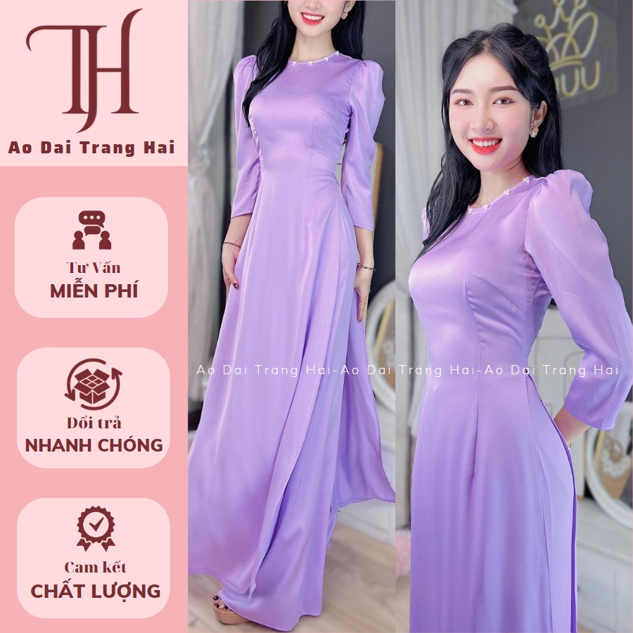 Áo dài cách tân, cổ tròn đính ngọc trai, tay bồng màu tím cà