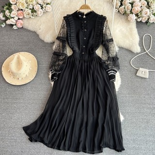 #2687 [Sẵn một số size] Đầm đen dài tay tiểu thư cao cấp có lót trong phong cách retro đủ size