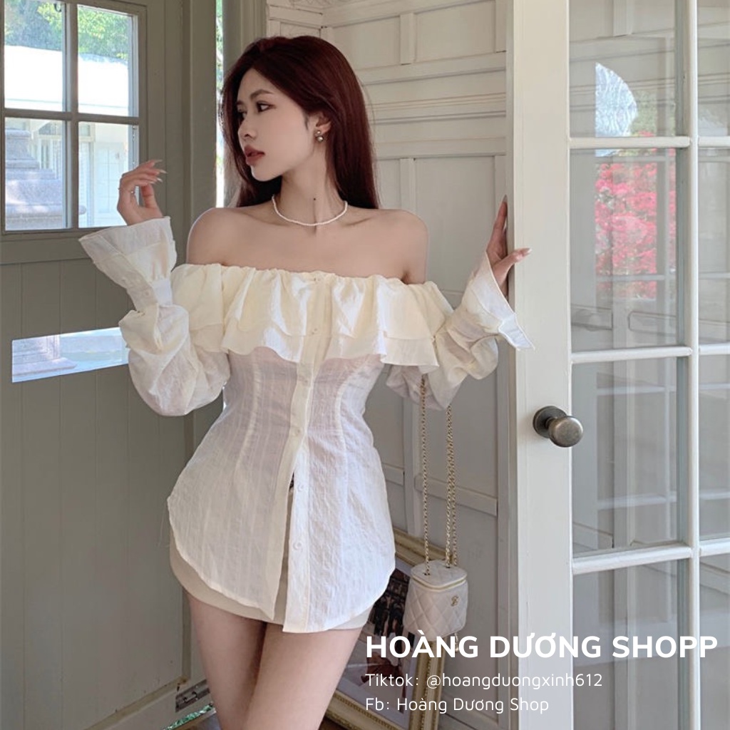 Áo Sơ Mi Tay Dài Hở Vai, Áo Sơ Mi Trễ Vai Tay Bèo Dễ Thương Phong Cách Hàn Quốc Dành Cho Nữ