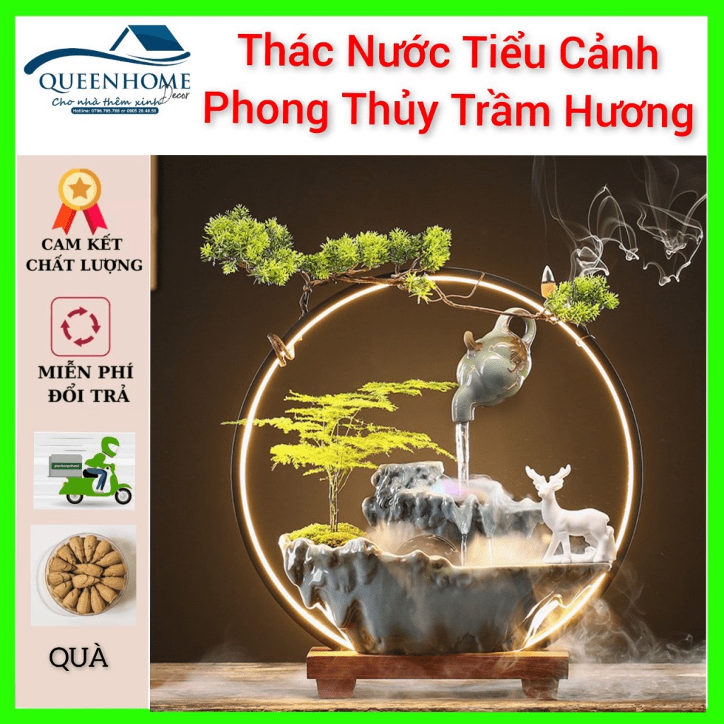 Thác Nước Phong Thuỷ - Thác Khói trầm Hương có đèn Led và đài phun nước phun sương - TN 101 QueenHome, quà tặng sang trọ