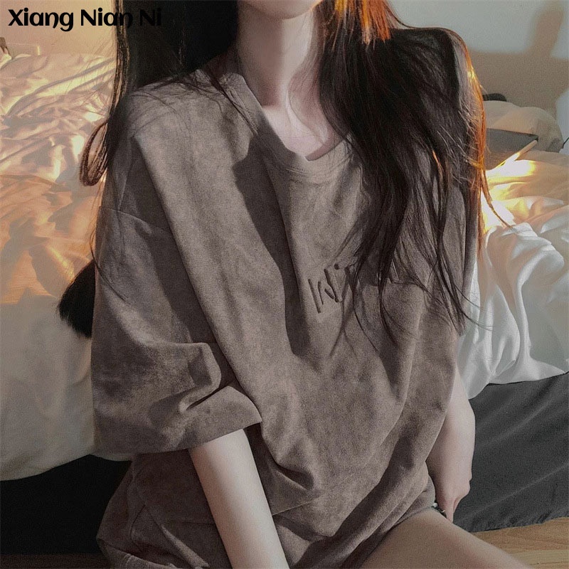 Xiang Nian Ni Áo Thun Ngắn Tay Cổ Tròn In Chữ Phong Cách Hàn Quốc Thời Trang Mùa Hè
