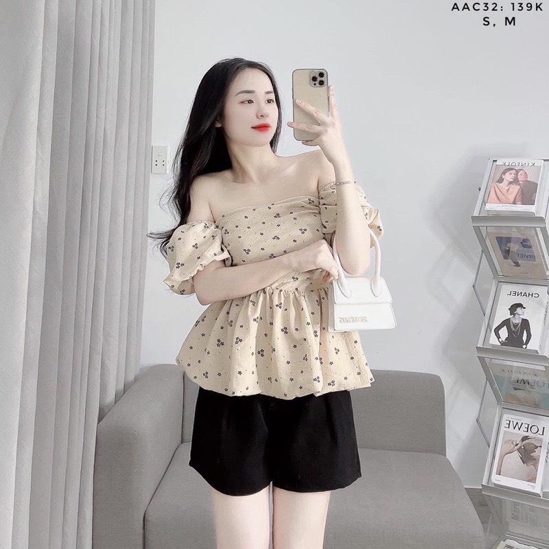 Áo nữ trễ vai Hoa Nhí CÓ ẢNH VIDEO thật - Áo Croptop tay bồng tiểu thư A27