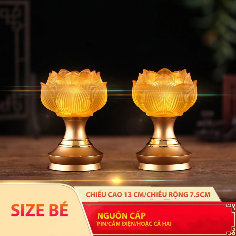 Đôi đèn thờ lưu ly, đen ban thờ liên hoa LED thân hợp kim cao cấp - Phật Bà Quan Âm