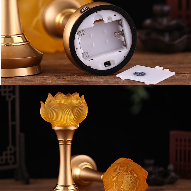 Đôi đèn thờ lưu ly, đen ban thờ liên hoa LED thân hợp kim cao cấp - Phật Bà Quan Âm