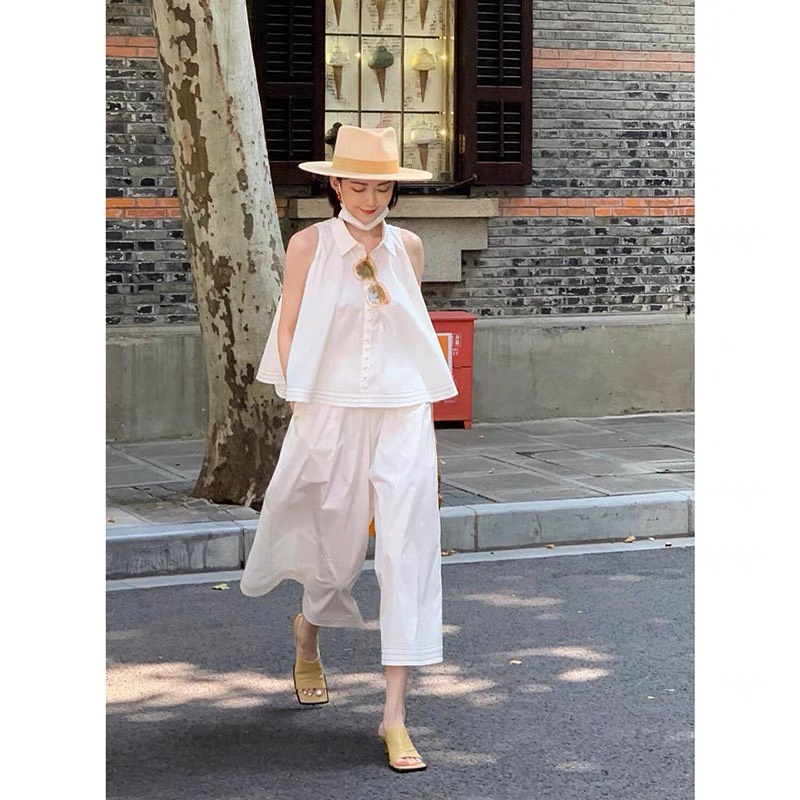 ✨BÁN SỈ✨Set trắng chạy chỉ gấu mix quần ống rộng có lót