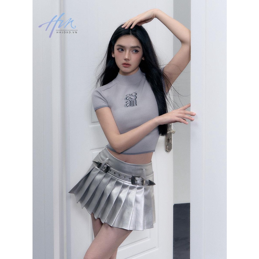 Agam Áo Thun Dáng Ngắn Ghép Vải Họa Tiết Sọc Và Chữ Phong Cách Desire Tinh Khiết Sang Trọng Niche Hot Girl Pit Cao