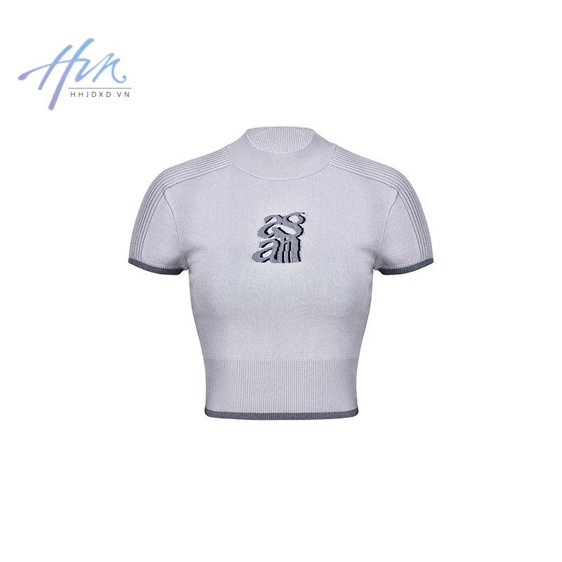 Agam Áo Thun Dáng Ngắn Ghép Vải Họa Tiết Sọc Và Chữ Phong Cách Desire Tinh Khiết Sang Trọng Niche Hot Girl Pit Cao