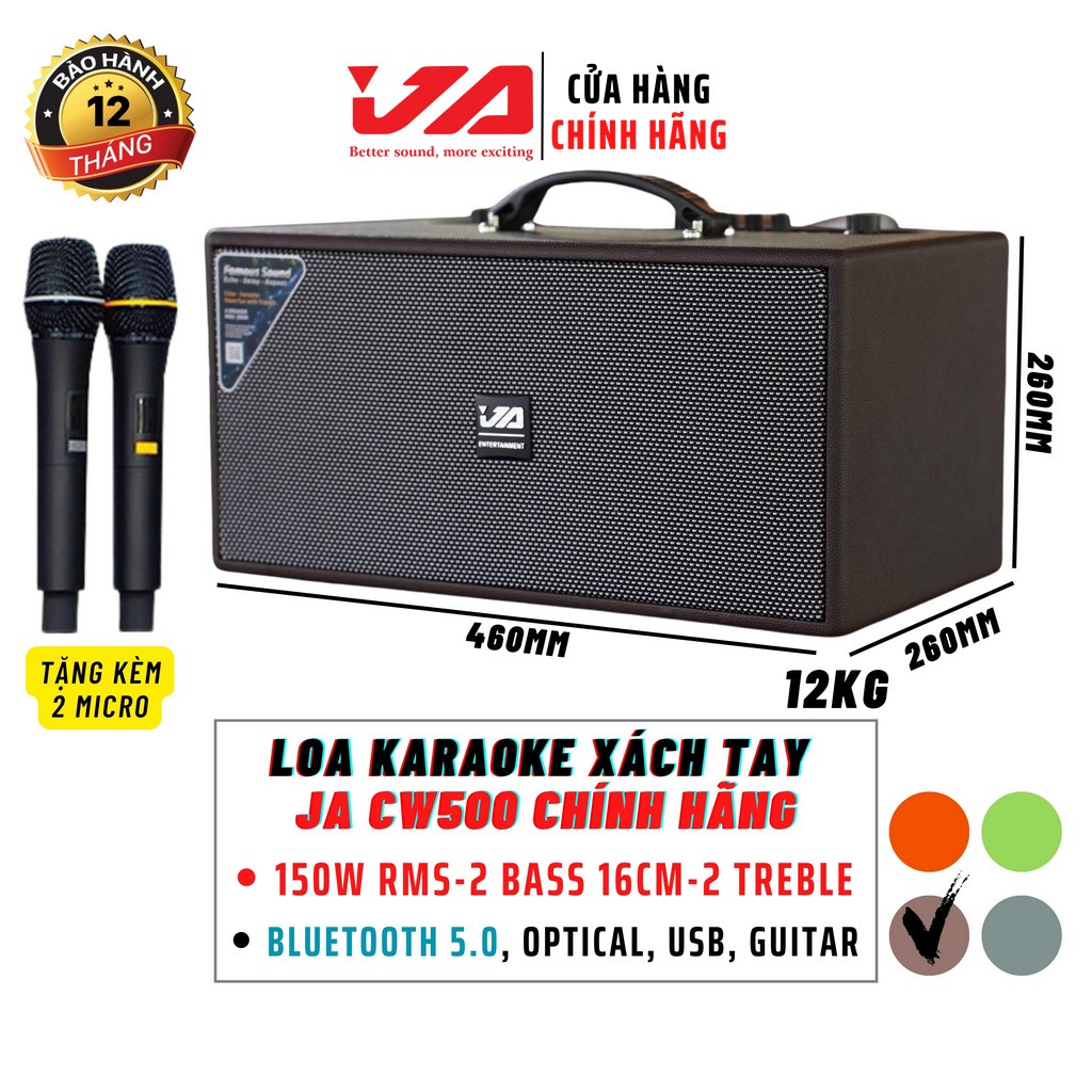 Loa Karaoke Xách Tay JA CW500 150W Chính Hãng – Bass Đôi 16cm, Kèm 2 Micro, Bluetooth-Optical-USB-Cổng Guita-Ja Audio