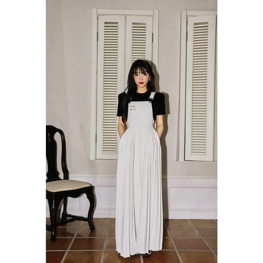 Set Áo Thun Đen Và Chân Váy Yếm Dài Xếp Ly Phong Cách Hàn Quốc Thời Trang Xuân Hè Xinh Xắn Cho Nữ