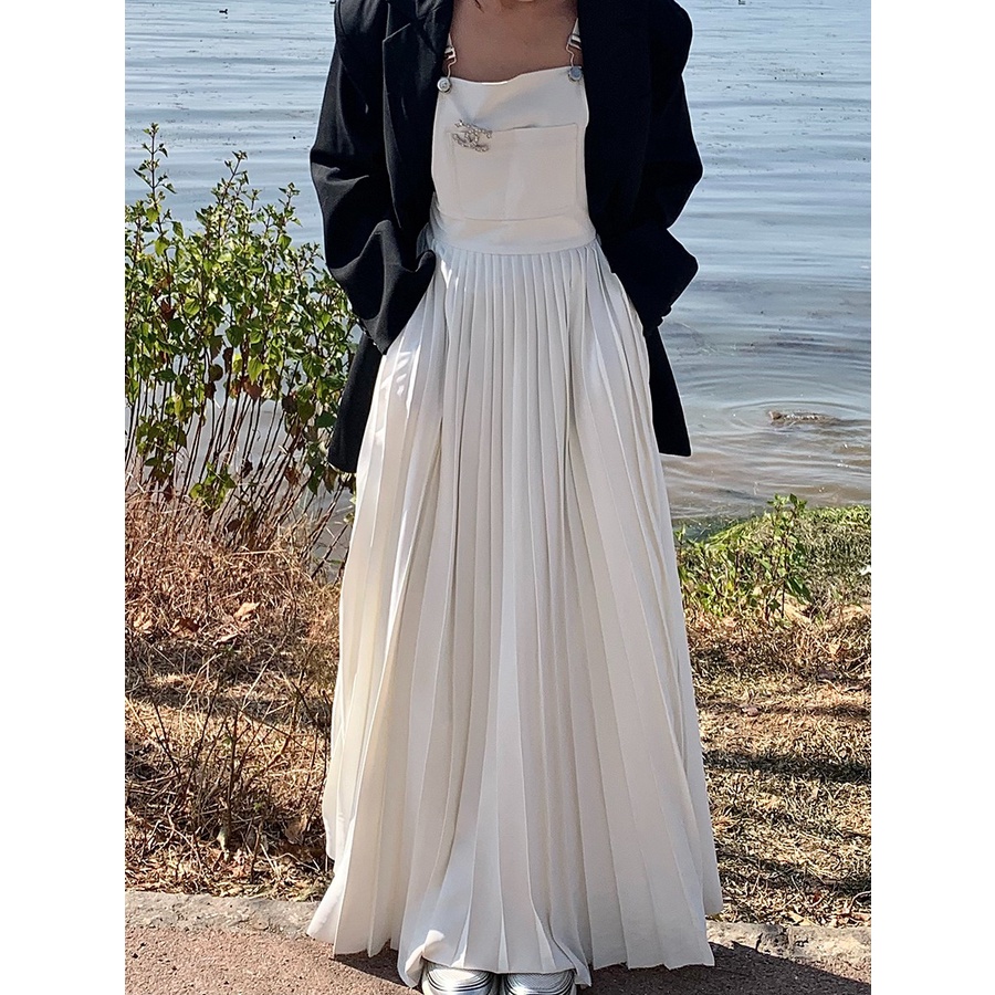 Set Áo Thun Đen Và Chân Váy Yếm Dài Xếp Ly Phong Cách Hàn Quốc Thời Trang Xuân Hè Xinh Xắn Cho Nữ