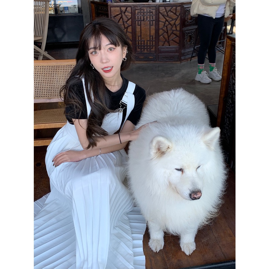 Set Áo Thun Đen Và Chân Váy Yếm Dài Xếp Ly Phong Cách Hàn Quốc Thời Trang Xuân Hè Xinh Xắn Cho Nữ