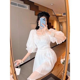 đầm xòe cổ vuông xếp li tay phồng voan tơ 2 màu nổi bật ( thời trang bigsize vicky.g - anitagreen) n423