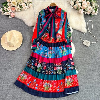 #2703 [Order] Đầm cao cấp nhẹ nhàng sang trọng khí chất thắt nơ eo in chữ A váy xếp ly lớn thanh lịch váy dài retro