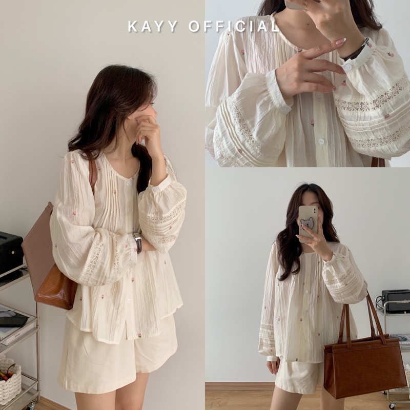 Áo Sơ Mi Dáng Babydoll Chất Đũi Tơ Thêu Hoa Tay Đáp Ren Ly Dọc Ngực Phong Cách Hàn Quốc