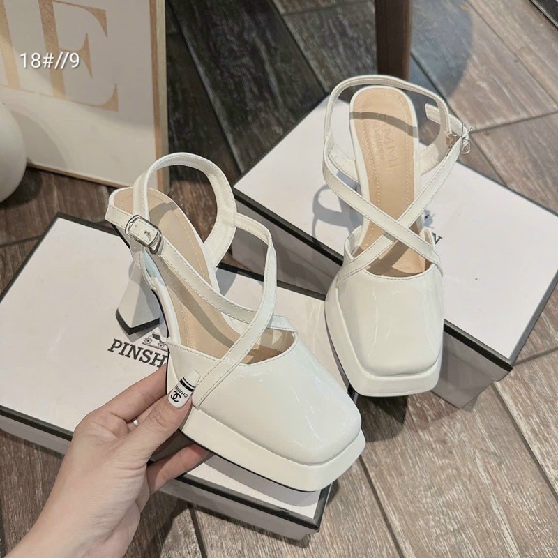 Giày cao gót mũi đúp vuông gót nhọn 9 phân chất da bóng form dáng đẹp