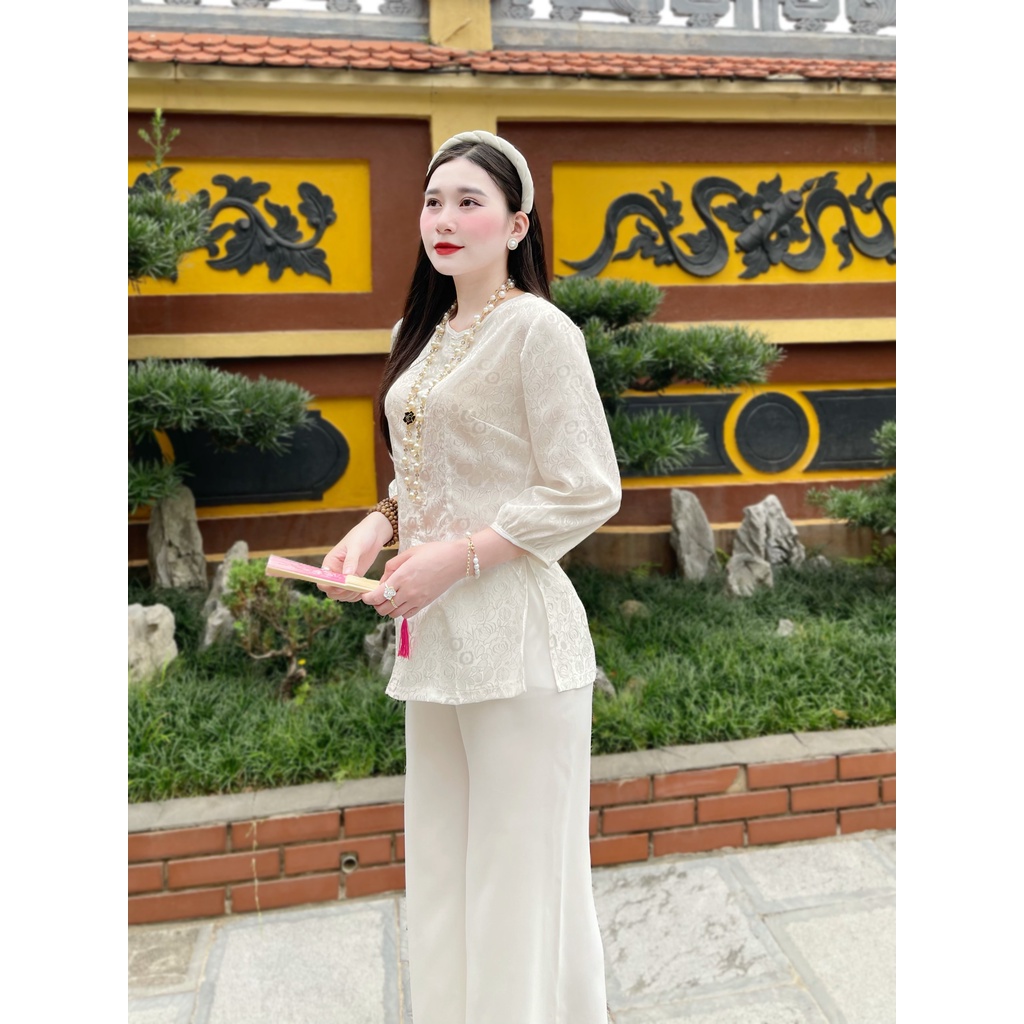 Đồ Lam Đi Chùa Nữ - Bộ lụa áo gấm tay bo cao cấp  Không Nhăn, Không Bai Giãn, Không Phai Màu