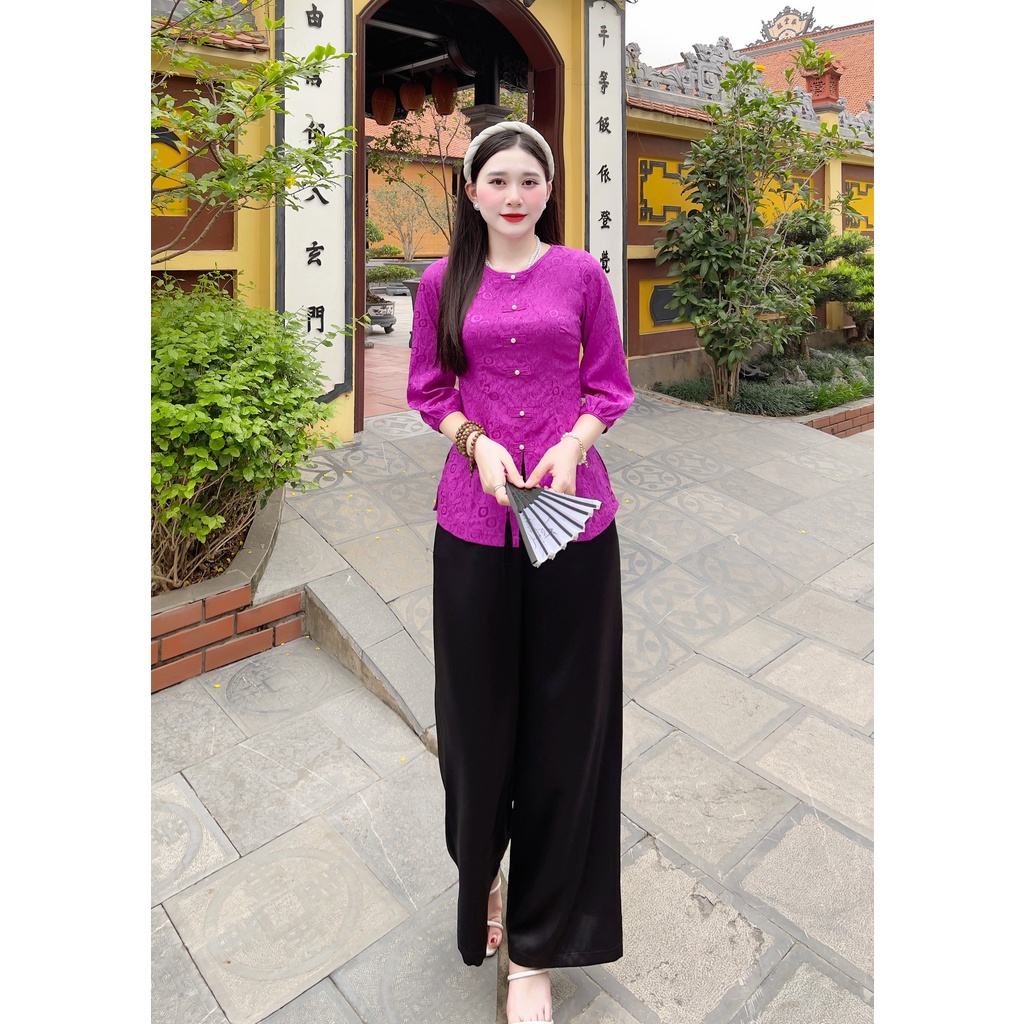 Đồ Lam Đi Chùa Nữ - Bộ lụa áo gấm tay bo cao cấp  Không Nhăn, Không Bai Giãn, Không Phai Màu