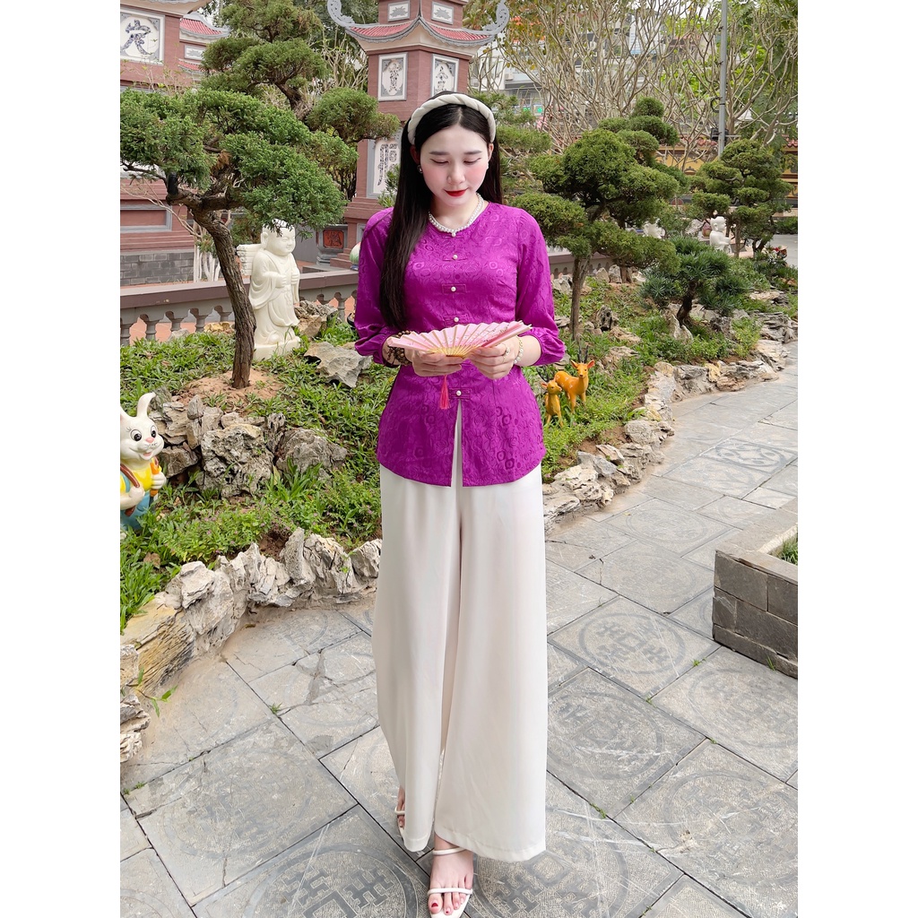 Đồ Lam Đi Chùa Nữ - Bộ lụa áo gấm tay bo cao cấp  Không Nhăn, Không Bai Giãn, Không Phai Màu
