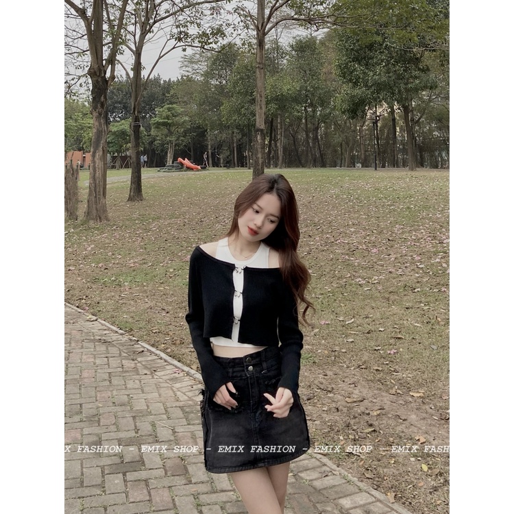 Set áo croptop khoá vuông kèm áo 3 lỗ 2 chi tiết EMIX, freesize dưới 55kg, kiểu dáng Hàn Quốc, dài tay, chất len lạnh 23