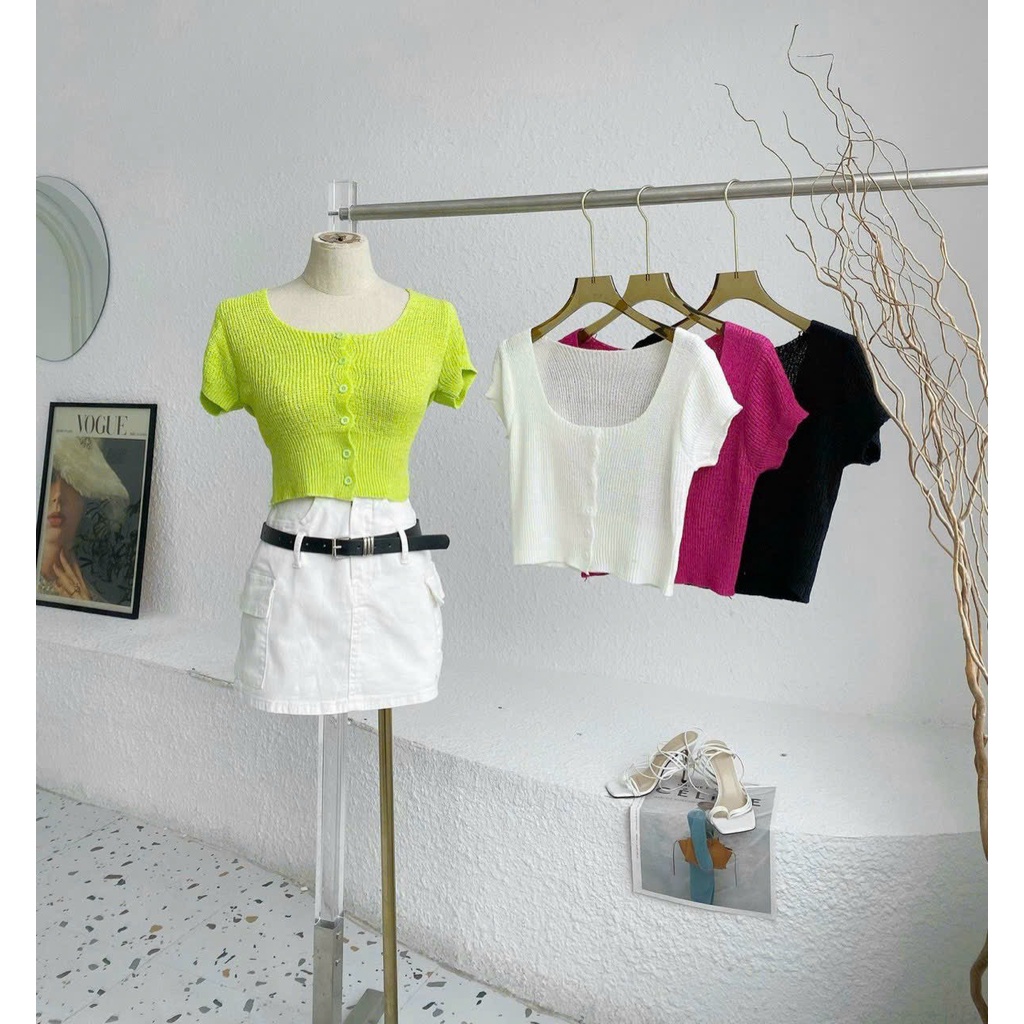 Áo thun nữ mặc nhà đi chơi tay ngắn dáng ngắn croptop kiểu gài nút chất len quãng châu xinh hot