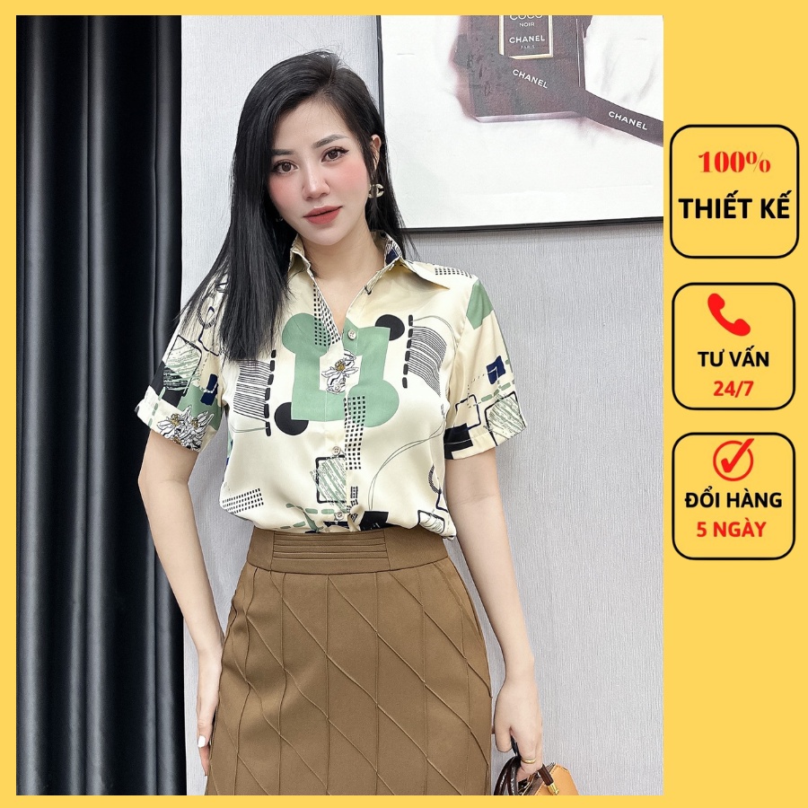 Áo sơ mi lụa cộc tay nữ cao cấp công sở họa tiết vệt xanh đen nền be sữa, áo sơ mi thiết kế MQ Boutique