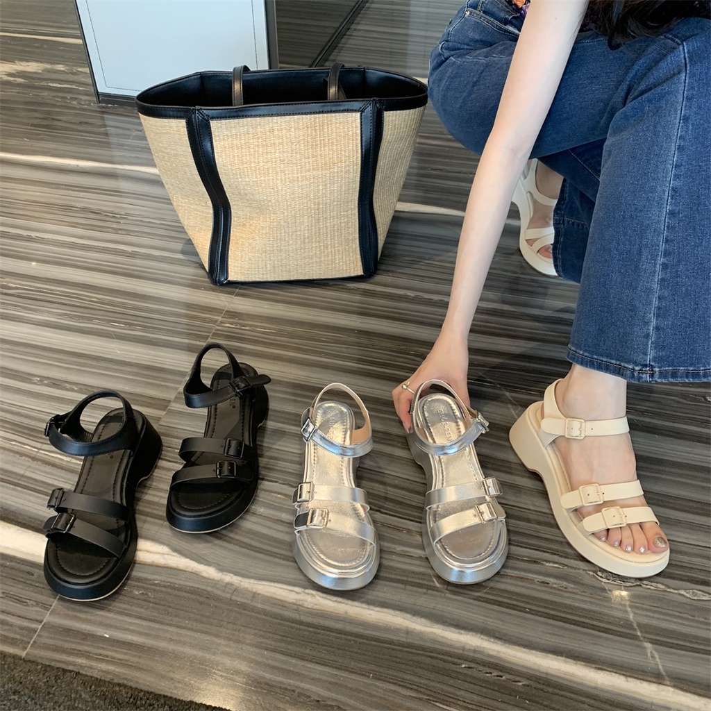 Giày xăng đan sandals đế bằng cao 5 phân đế bánh mì quai mảnh ngang thời trang nữ xuân hè 2023