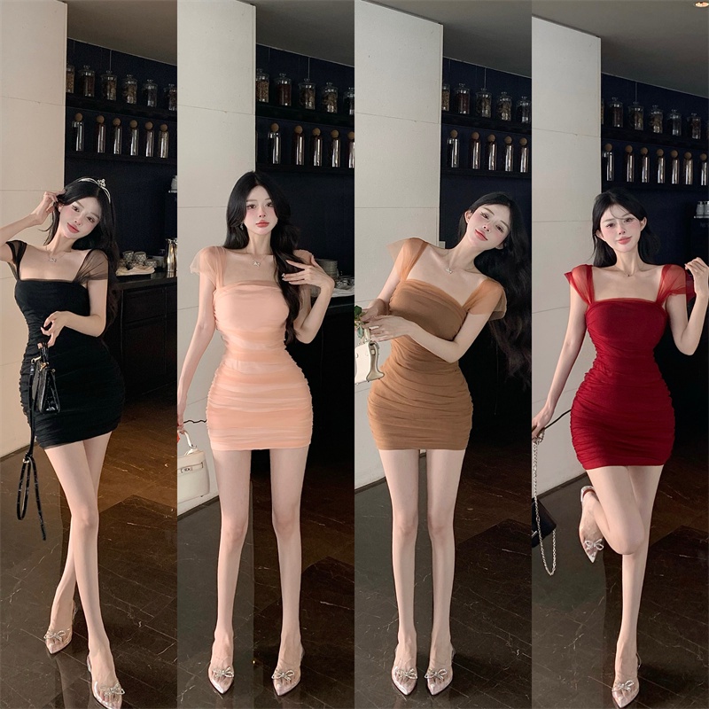 Đầm mini Hai Dây Phối Lưới Phong Cách Hàn Quốc Thời Trang Mùa Hè Quyến Rũ Cho