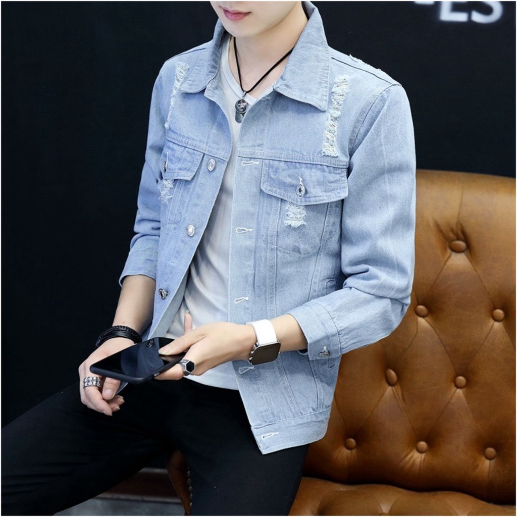 Áo khoác bò rách cá tính cực ngầu mới nhất - VIRGO MAN - Áo khoác jean nam màu xanh cao cấp vnxk không phai màu