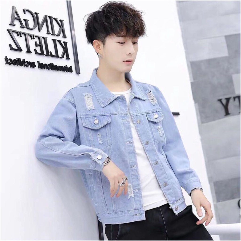 Áo khoác bò rách cá tính cực ngầu mới nhất - VIRGO MAN - Áo khoác jean nam màu xanh cao cấp vnxk không phai màu
