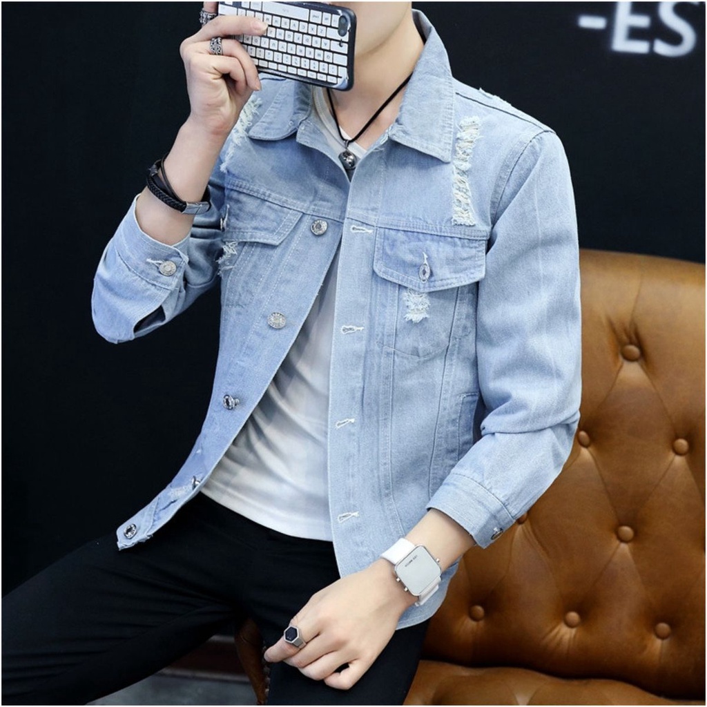Áo khoác bò rách cá tính cực ngầu mới nhất - VIRGO MAN - Áo khoác jean nam màu xanh cao cấp vnxk không phai màu