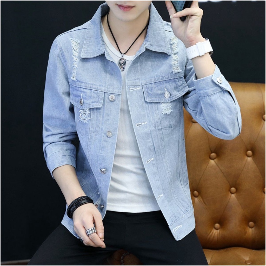 Áo khoác bò rách cá tính cực ngầu mới nhất - VIRGO MAN - Áo khoác jean nam màu xanh cao cấp vnxk không phai màu