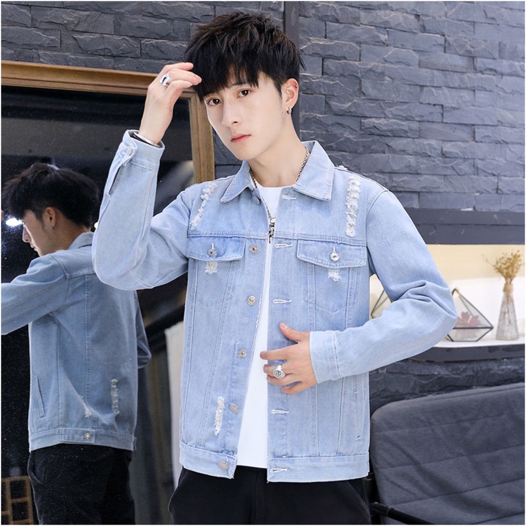 Áo khoác bò rách cá tính cực ngầu mới nhất - VIRGO MAN - Áo khoác jean nam màu xanh cao cấp vnxk không phai màu