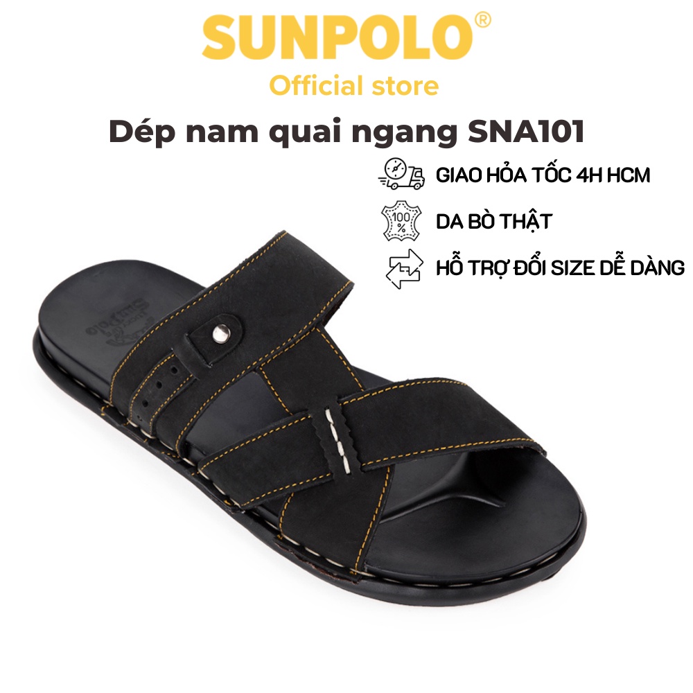 Dép Quai Ngang Nam Da Bò SUNPOLO Đen Nâu - SNA101