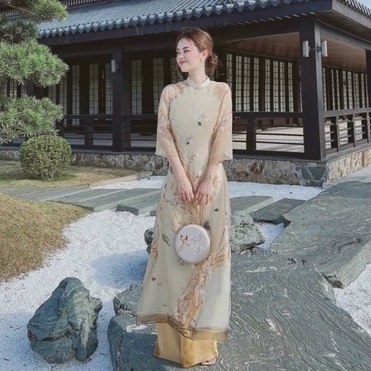 Áo Dài Cách Tân 4 Tà Chim Gia, Áo Dài Tơ Óng đính kết Chim Anh Đào-kenz