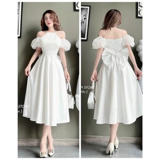 Đầm váy cổ yếm trễ vai tay bồng mix nơ sau lưng dành cho các nàng tiểu thư xinh xắn, sang trọng