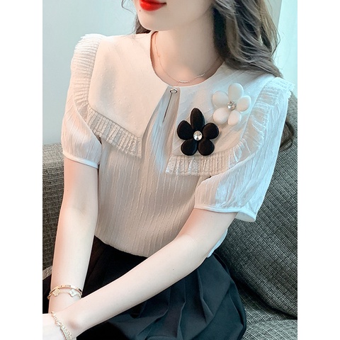 Áo Sơ Mi chiffon Phối Ren Tua Rua Tay Ngắn Phong Cách Pháp Thời Trang Mùa Hè Hàng Mới 2023 Dành Cho Bạn Nữ