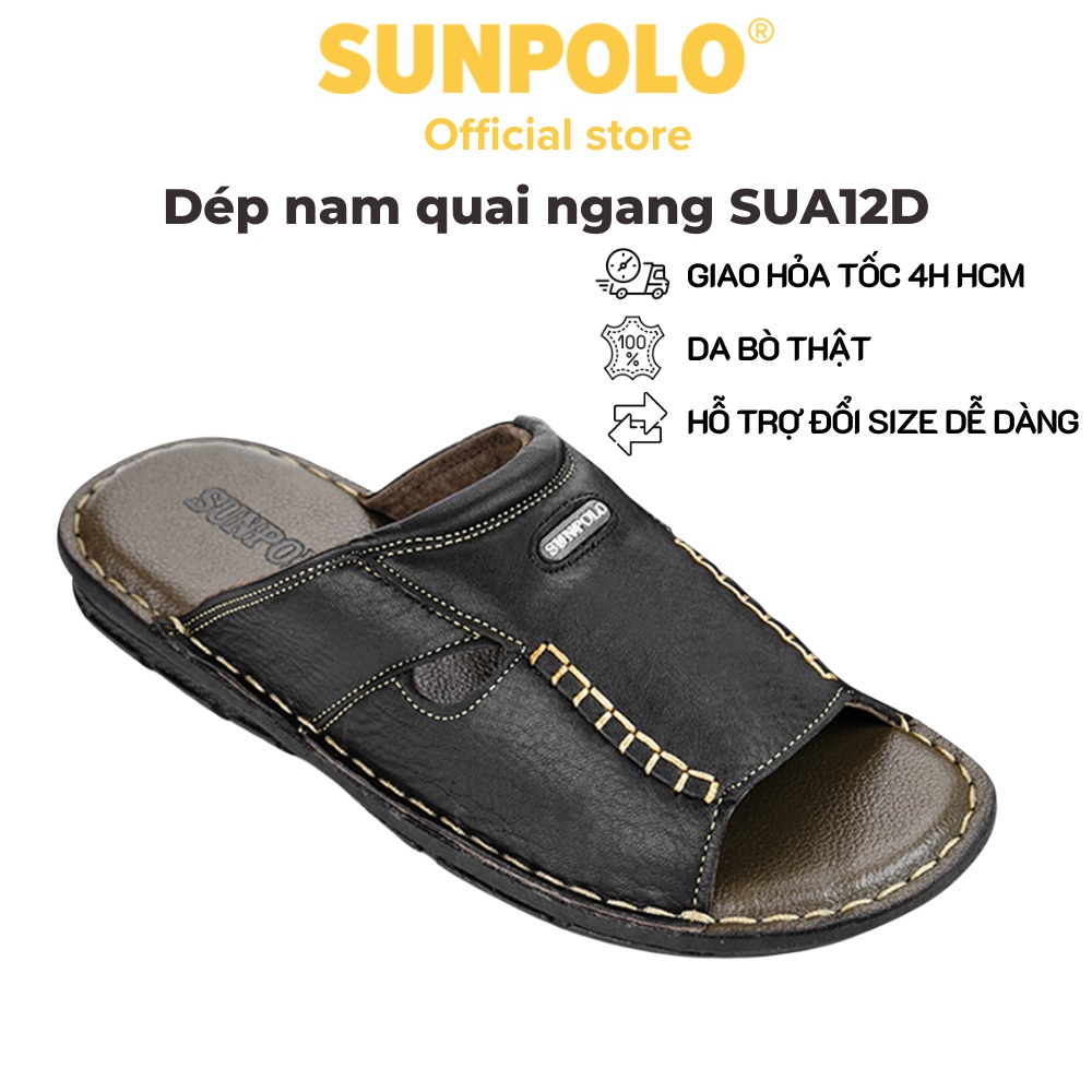 Dép Quai Ngang Nam Da Bò SUNPOLO Đen - SUA12D - Có Big size 44 45