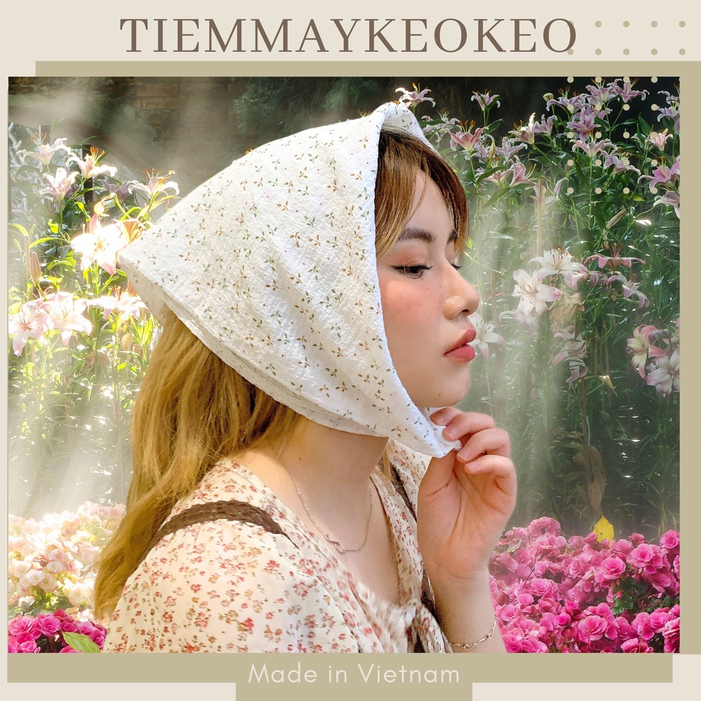 Khăn vải bandana turban TIEMMAYKEOKEO họa tiết hoa nhí chất liệu xốp 3d phong cách Hàn Quốc 50x50cm cho nữ